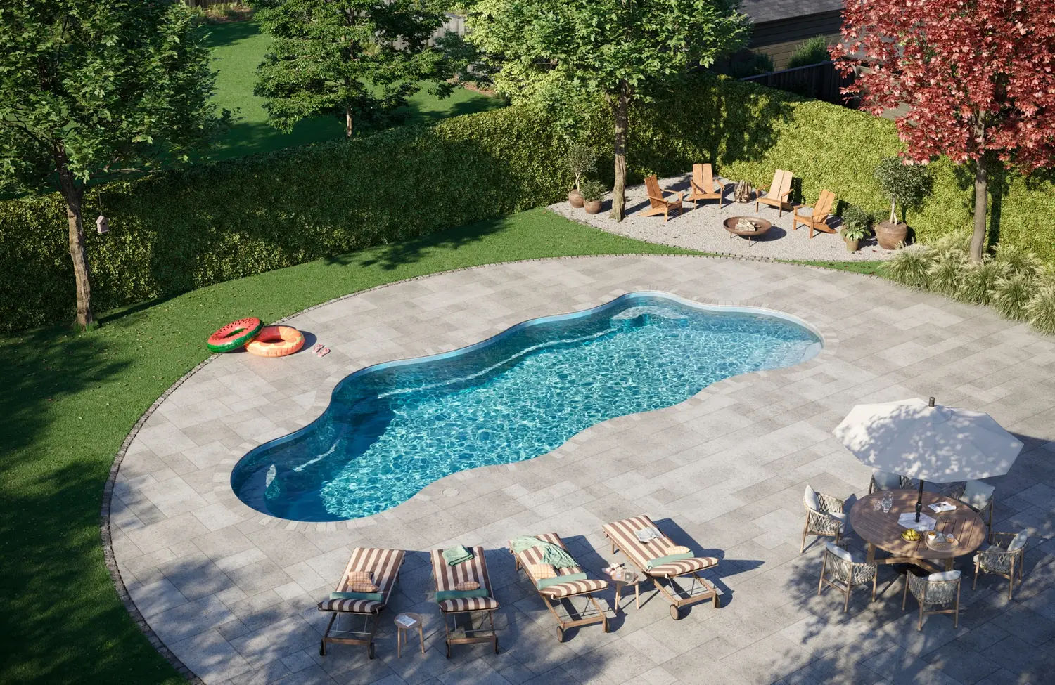 Bermuda 16.40 fiberglass pool shown in a backyard scene