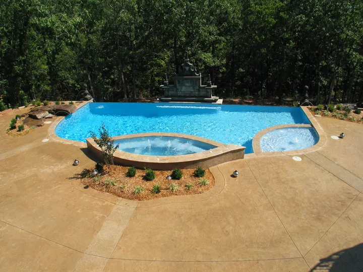 Rectangular pool with integrated spa/hot tub and landscape plantings