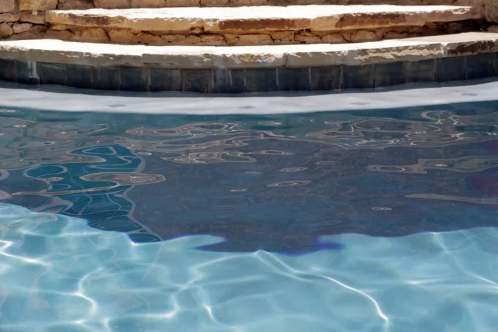 Organic-shaped pool with decorative bottom pattern and natural stone coping