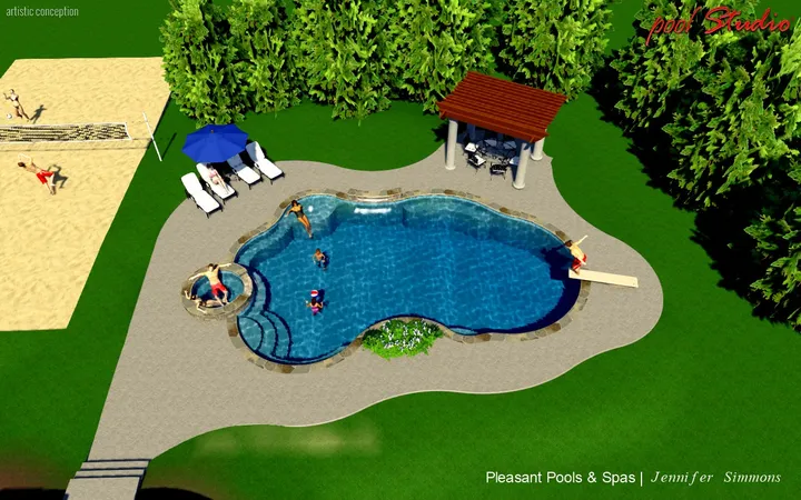 Rendered aerial view of curved freeform pool with integrated spa and landscape design