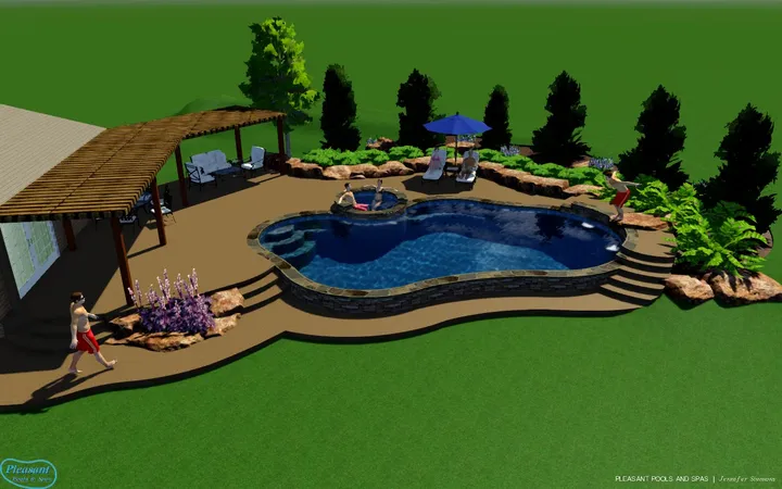Rendered design featuring curved pool, spa, covered structure, and extensive landscaping