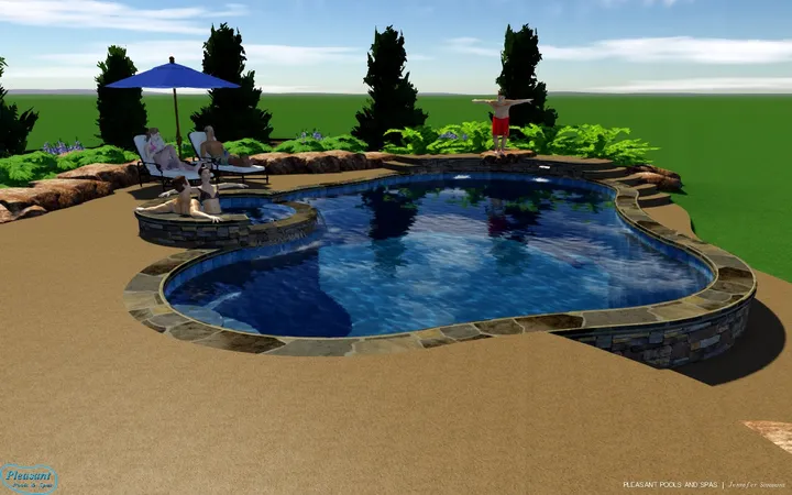 Rendered design with main pool, spa area, and furnished lounge seating with canopy