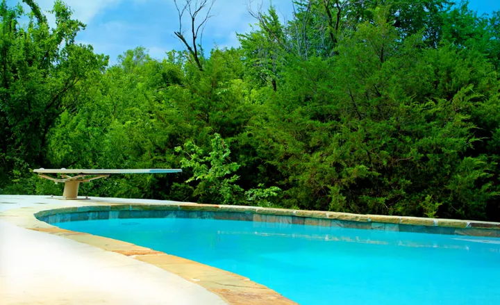 Large freeform pool with waterfall feature and surrounding landscaping