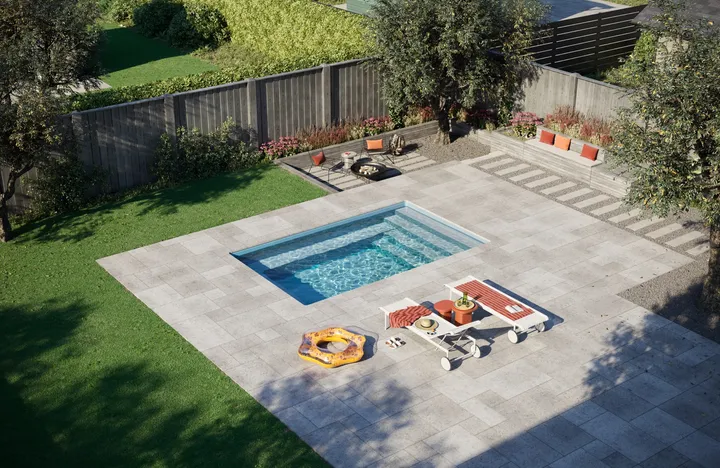 Latham Milan compact plunge pool in a small backyard — manufacturer rendering