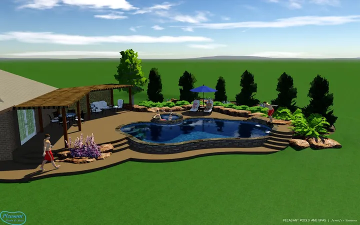 Professional 3D rendering of freeform pool with features, furniture, and landscaping
