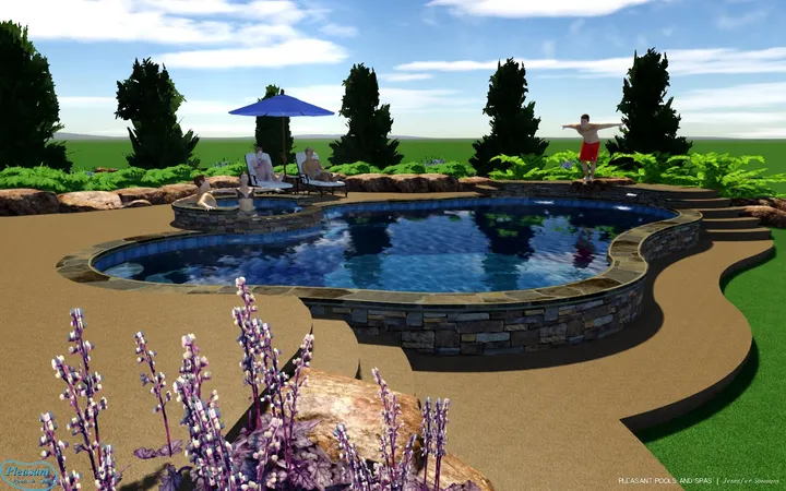 3D rendering of pool with stone features, cypress trees, and activity figures